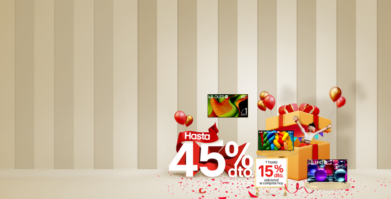 Festival de descuentos LG con Televisiores porcentaje de descuento 45% y un 15% adicional con fondo de rayas