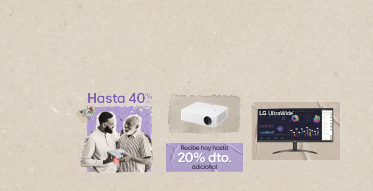 Papá e hijo con un regalo con imagén de Monitores LG, con imagen de descuento de 20% dto. adicional