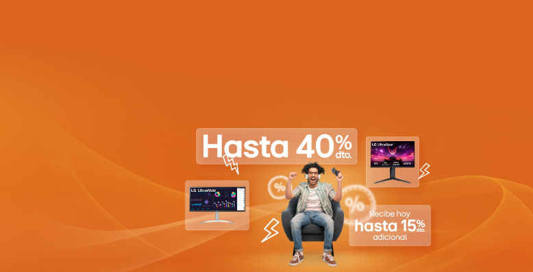Hombre sentado en silla Gamer con moniores LG, en fondo naranja y información de 45% de dto. y hasta 15% dto. adicional 