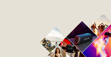 Varias imagenes de personas disfrutando el parlante XBOOM de LG, icono envío gratis