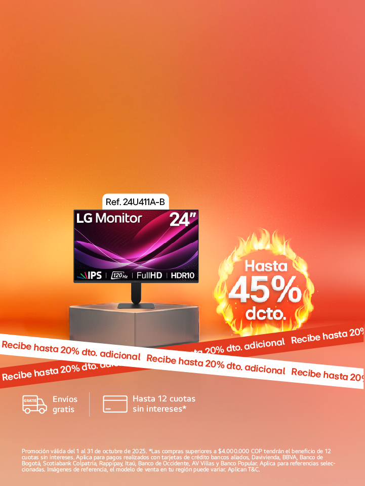 Banner promocional Monitores LG Hot Days, grandes descuentos 45% de descuento