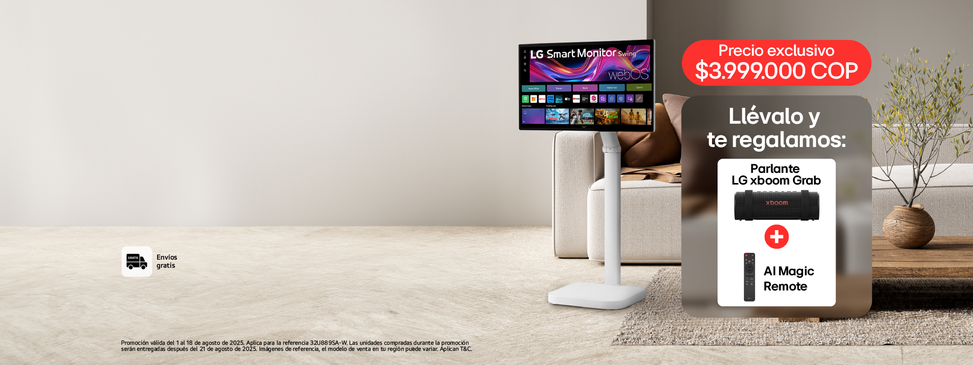Banner promocional para un Smart Monitor, al lado un parlante LG xboom Grab