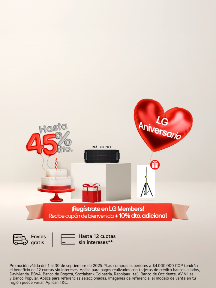 anner promocional aniversario lg, muestra un ponque un regalo, una lavadora carga superior lg  con un corazón