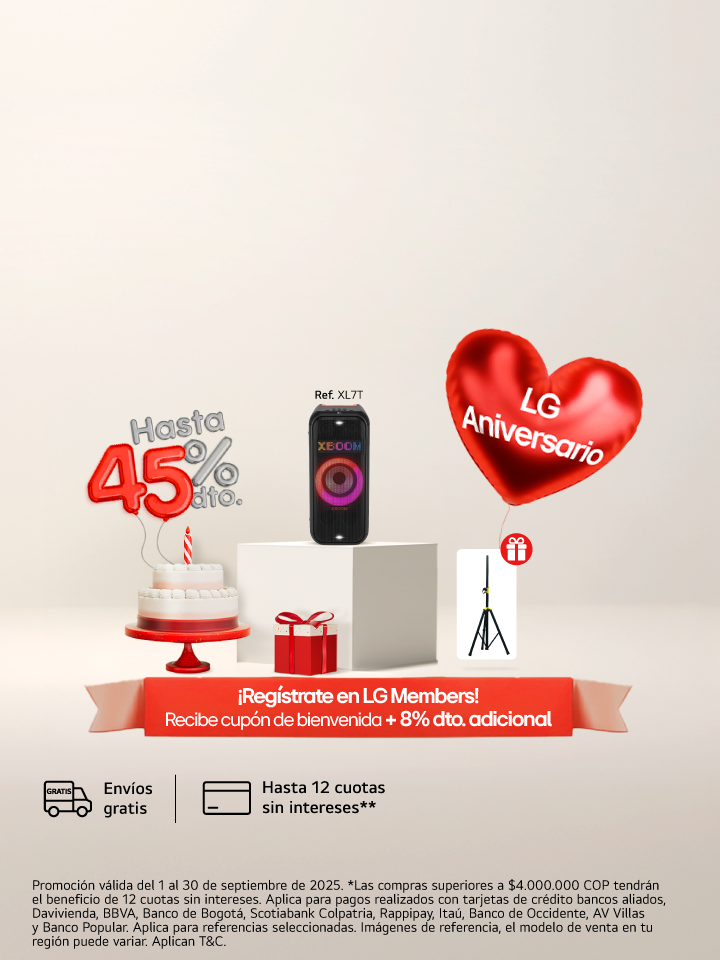 anner promocional aniversario lg, muestra un ponque un regalo, una lavadora carga superior lg con un corazón