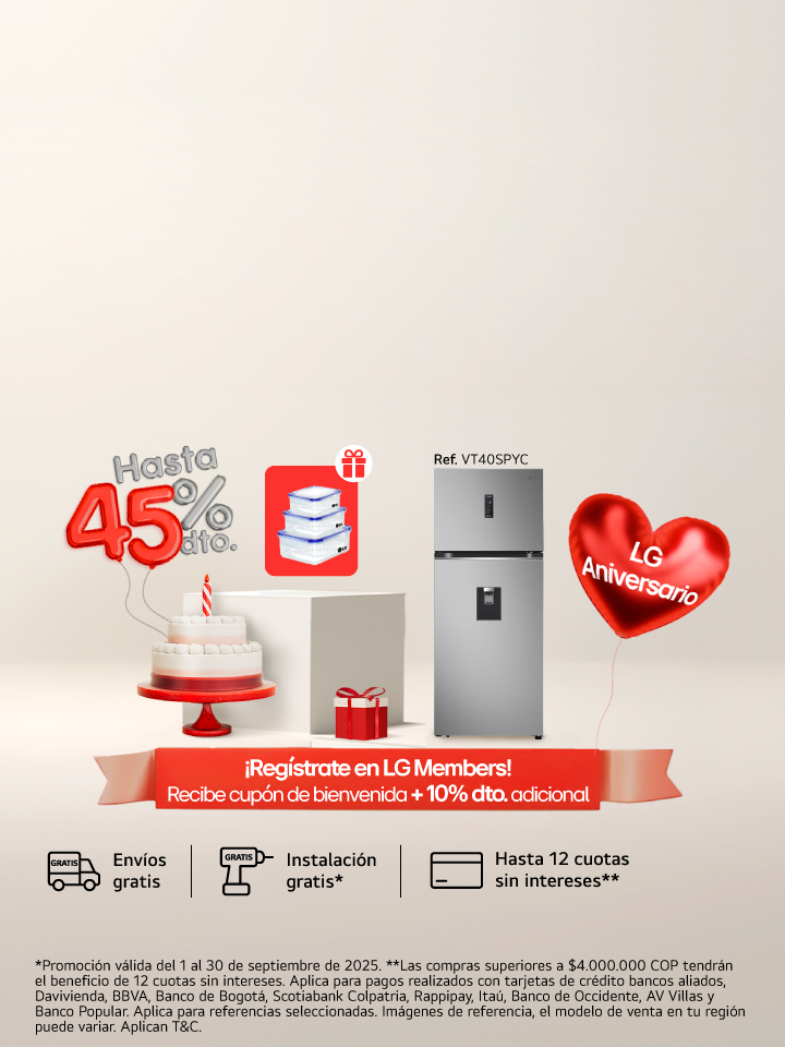Aniversario LG, neveras, lavadoras,secadoras para ti, 45% de descuento