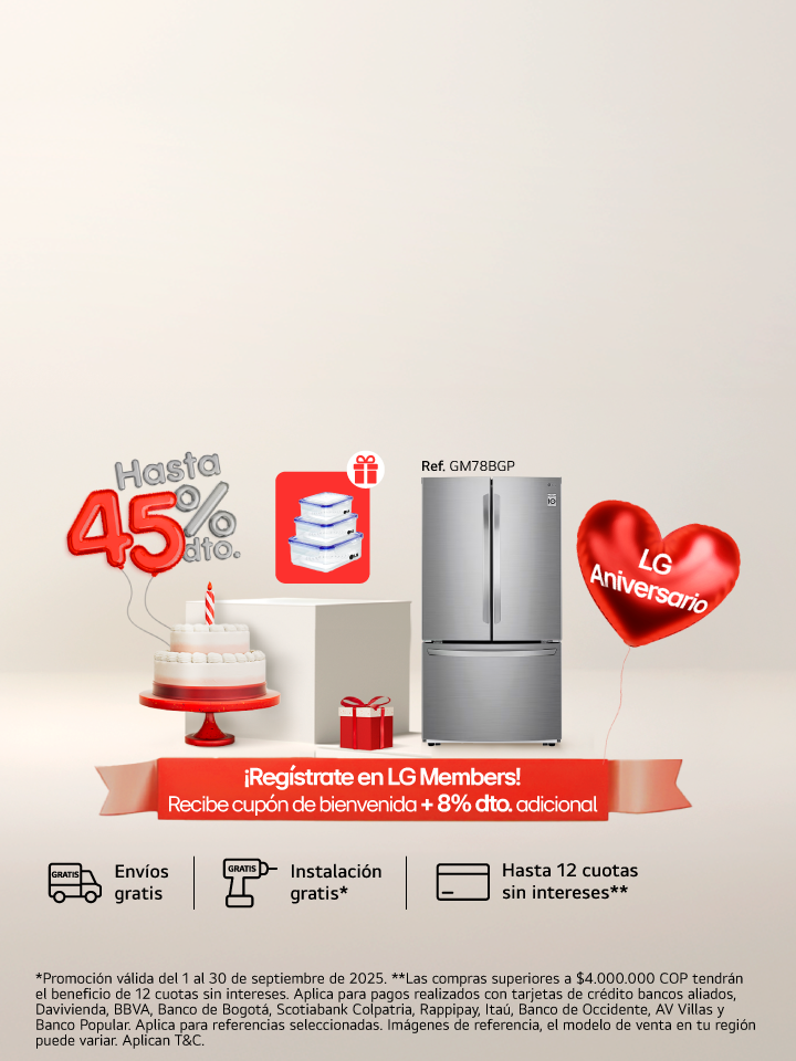 Aniversario LG, neveras, lavadoras,secadoras para ti, 45% de descuento