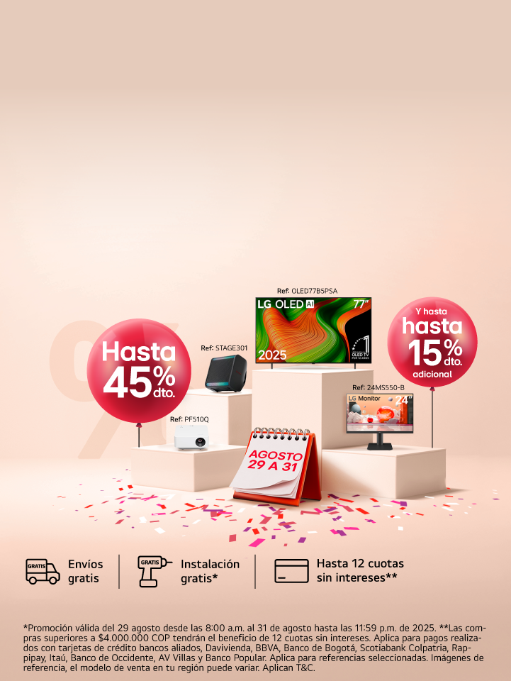 Banner promocional para un Smart Monitor, al lado un parlante LG xboom Grab
