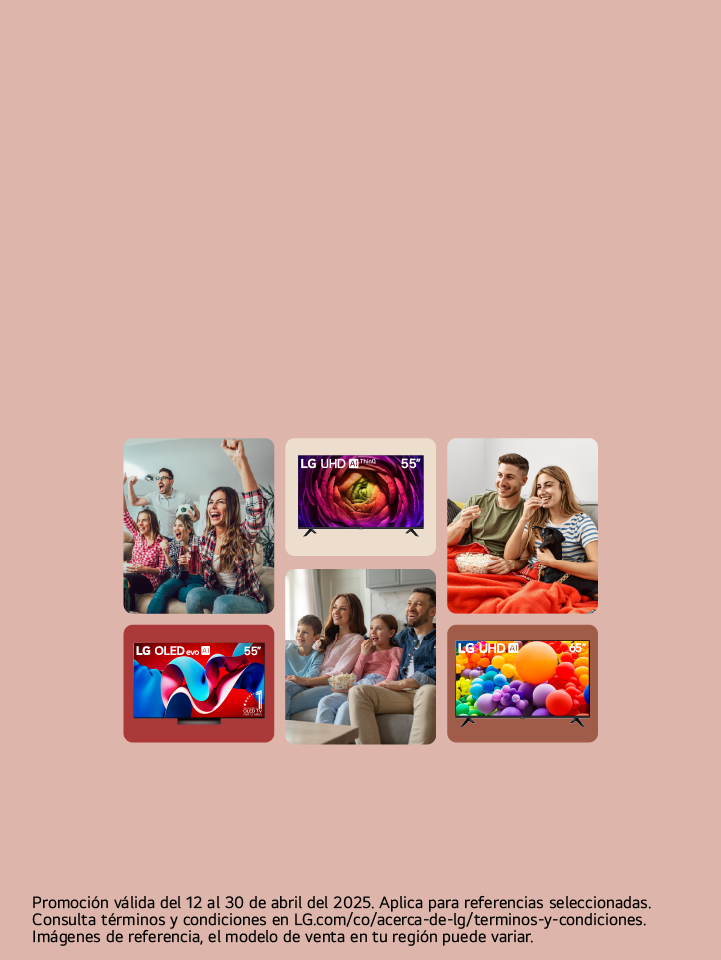 Imágenes de personas disfrutando en compañia y viendo Televisión e imagenes de televisores LG con IA
