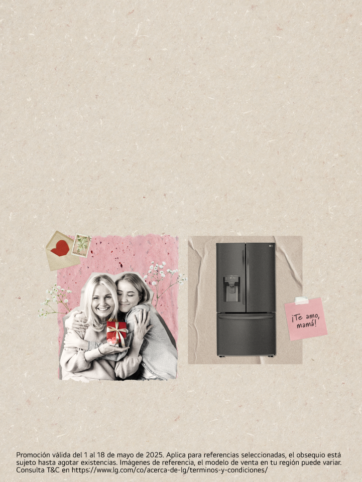 Imagen de mamá e hija con un regalo y Nevecon LG en fondo beige