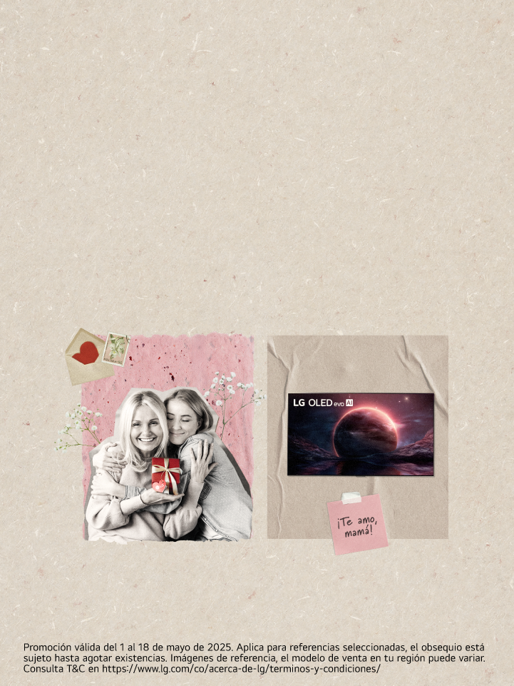 Imagen de mamá e hija con un regalo y Televisor LG en fondo beige