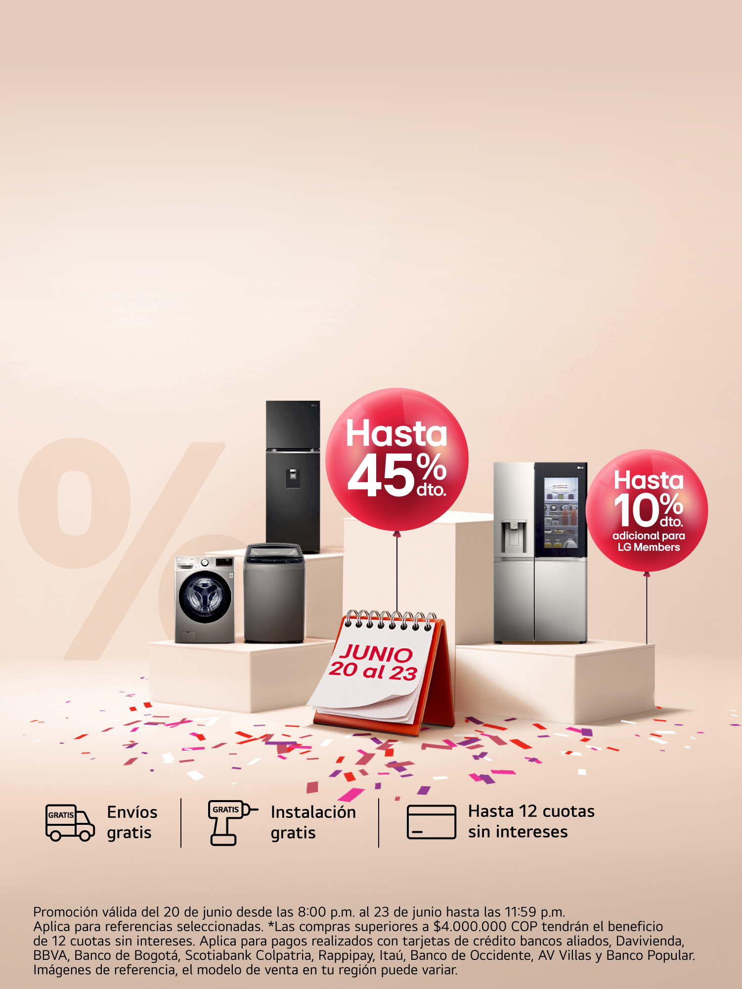 Electrodomésticos LG con bombas escritos descuentos de 45% dto. y 10% dto. solo LG Member correspondiente, con cofeti y calendario