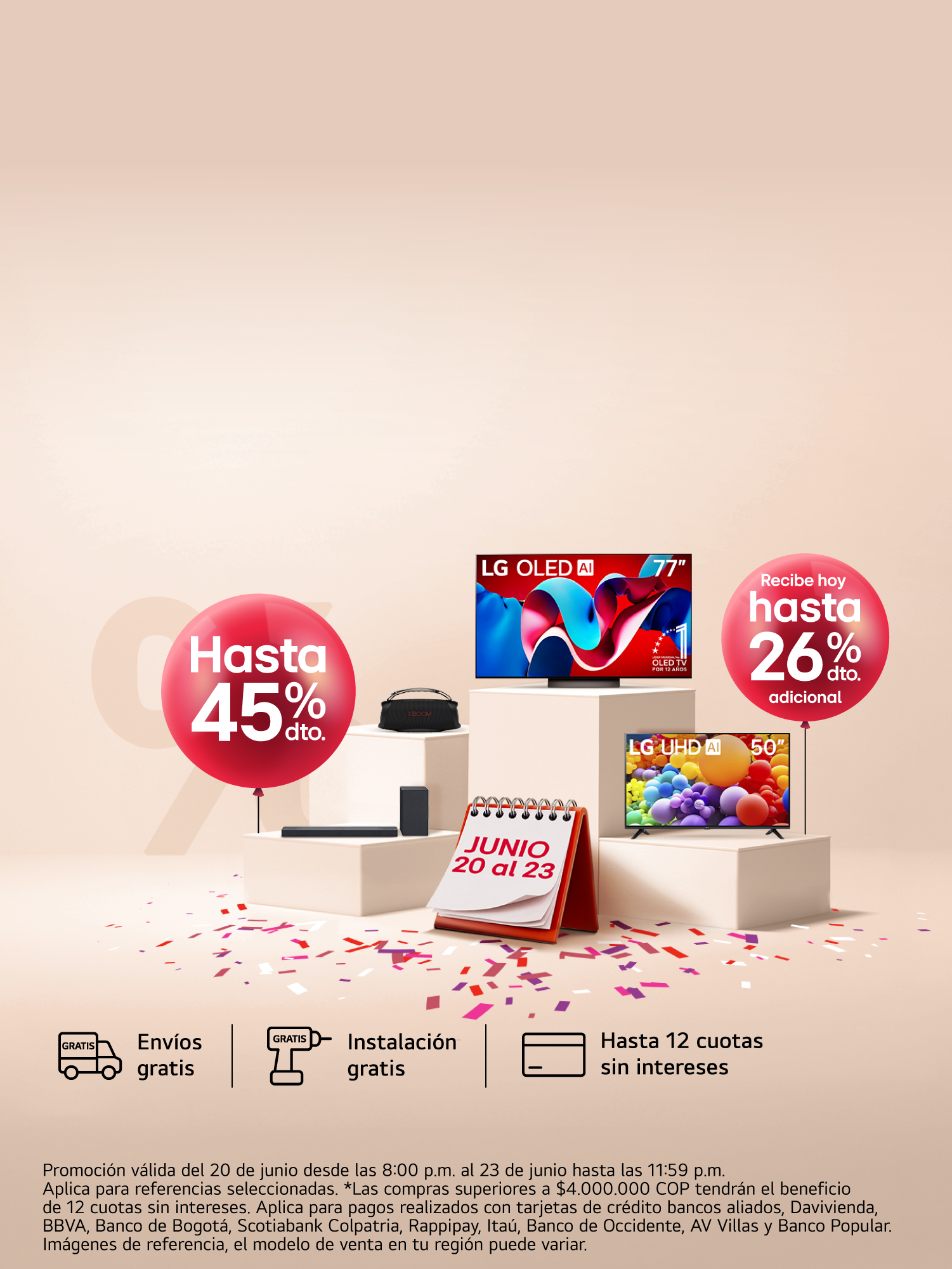 Televisores LG con bombas escritos descuentos de 45% dto. y 26% dto. correspondiente, con cofeti y calendario