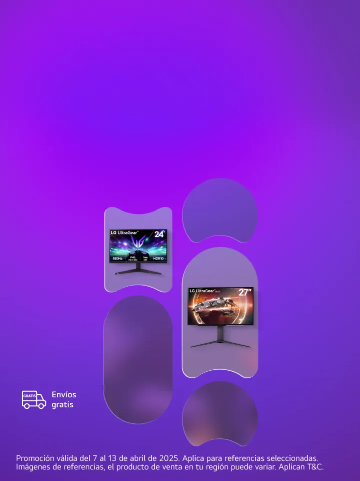 Monitores LG UltraGear, en fondo Morado, con icono de envío gratis