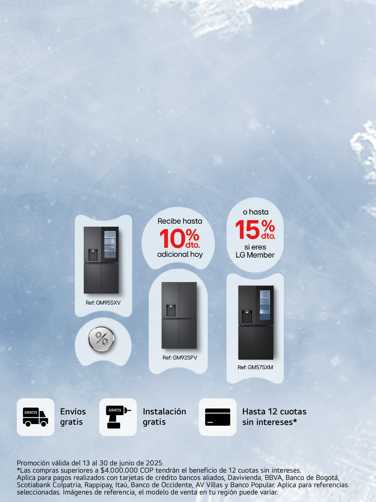 Neveras LG Instaview con 10% y 15%  de dto. adicional en fondo azul