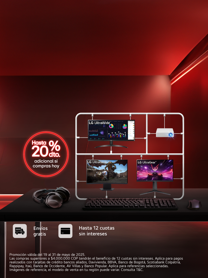 Monitores y proyector LG en fondo rojo