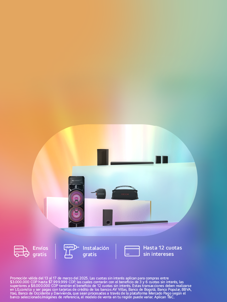 Torres de sonido, Parlantes Bluetooth, y barras de sonido LG, fondo de colores