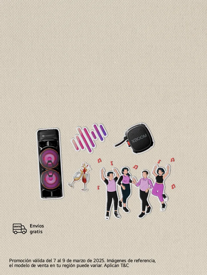 Parlantes RCN9, XBOOM LG, con personas bailando y celebrando, copas de vino y icono de sonido cosidas