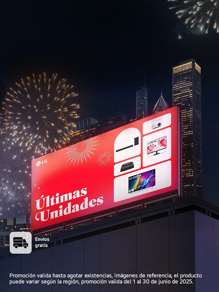 Valla publicitaria con juegos pirotecnicos con productos LG: barra de sonido, televisor, monitor, parlante bluethoot y  proyector