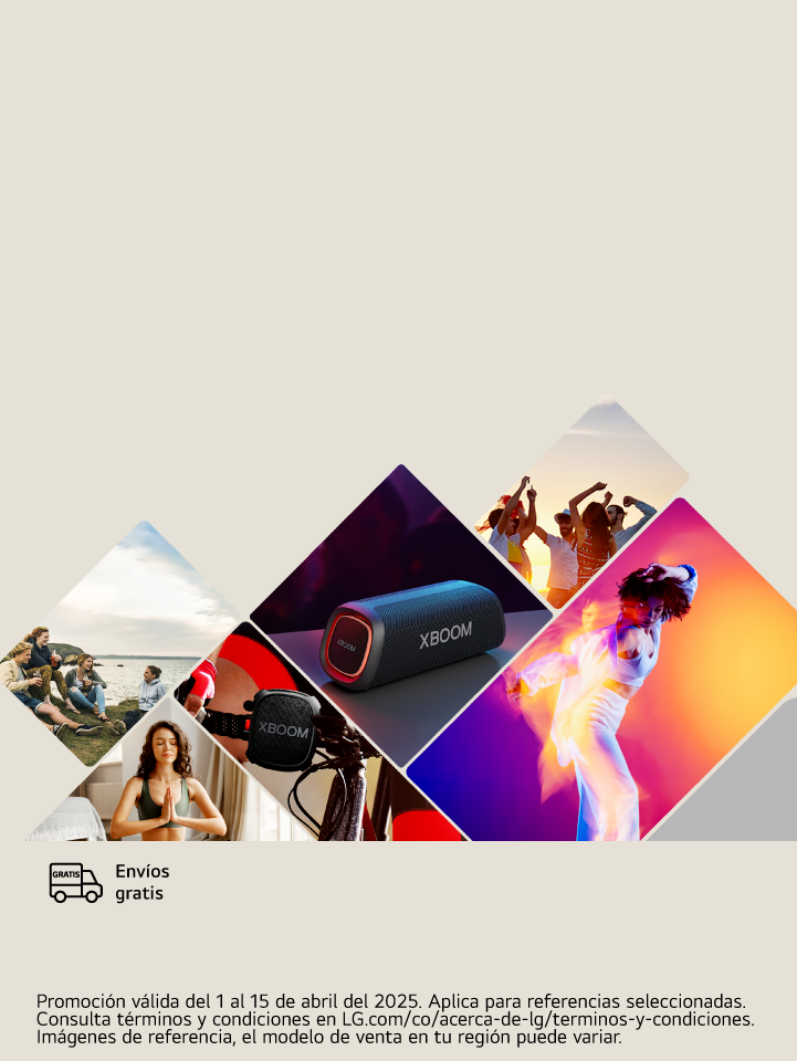 Varias imagenes de personas disfrutando el parlante XBOOM de LG, icono envío gratis