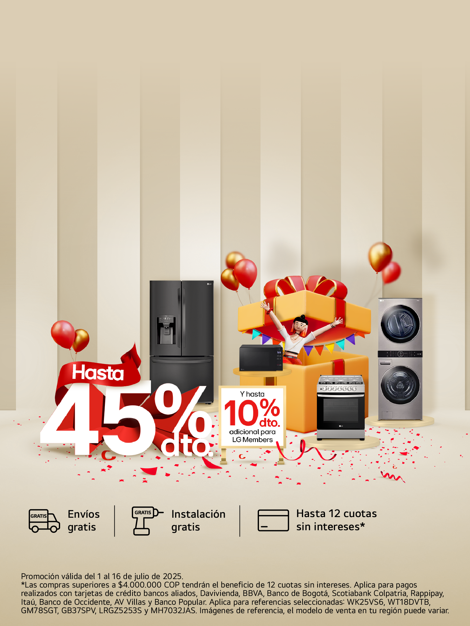 Festival de descuentos LG con Lavadoras, nevecon, estufa, y washtower porcentaje de descuento 45% y un 10% adicional con fondo de rayas