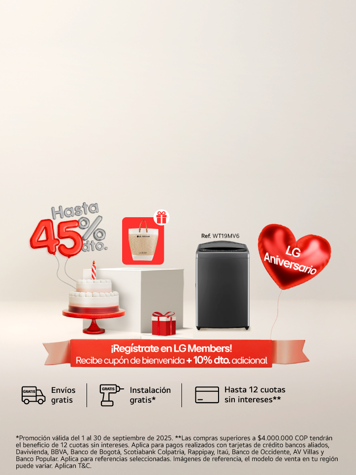 Banner promocional aniversario lg, muestra un ponque un regalo, una lavadora carga superior lg  con un corazón
