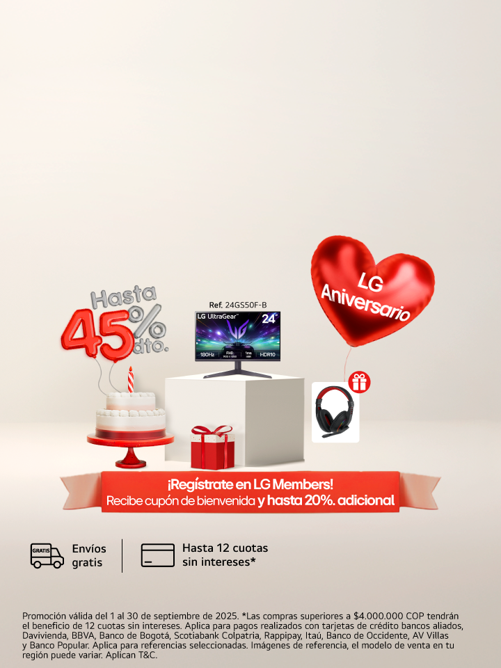 anner promocional aniversario lg, muestra un ponque un regalo, una lavadora carga superior lg  con un corazón