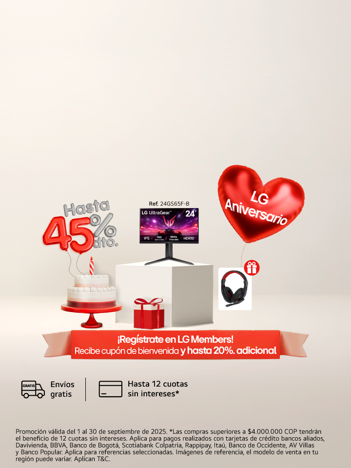 anner promocional aniversario lg, muestra un ponque un regalo, una lavadora carga superior lg  con un corazón