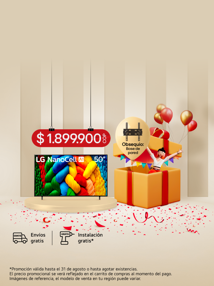 Banner promocional para un televisor 50NANO, al lado de una caja de regalo