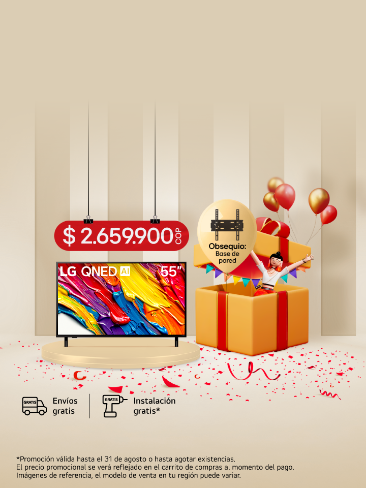 Banner promocional para un televisor 55QNED, al lado de una caja de regalo