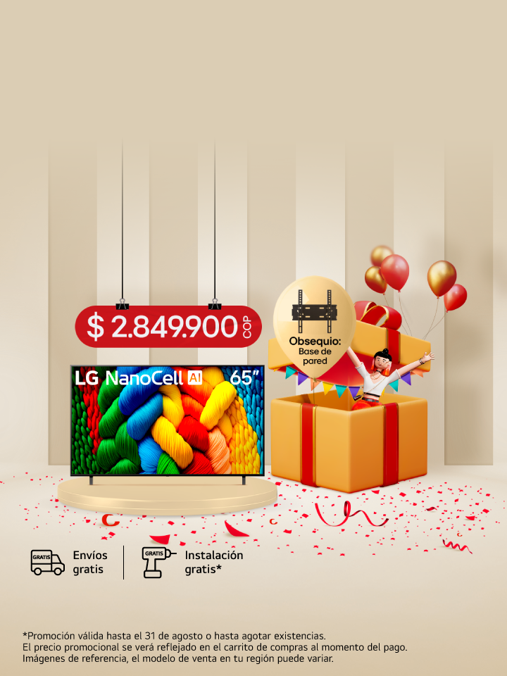 Banner promocional para un televisor 65NANO, al lado de una caja de regalo
