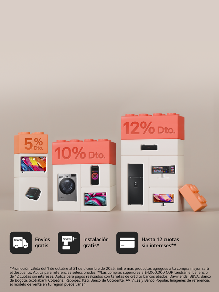 anner promocional aniversario lg, muestra un ponque un regalo, una lavadora carga superior lg con un corazón