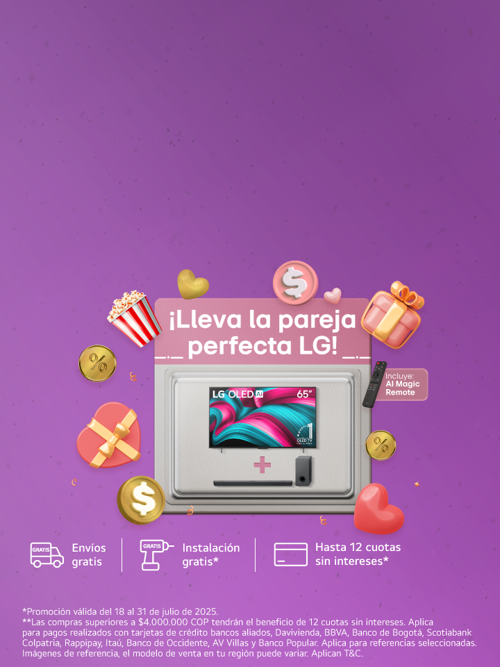 Banner promocional para una oferta combinada de TV y barra de sonido LG, que presenta un televisor y una barra de sonido dentro de una caja de regalo,  con texto que resalta los ahorros y los detalles de entrega.