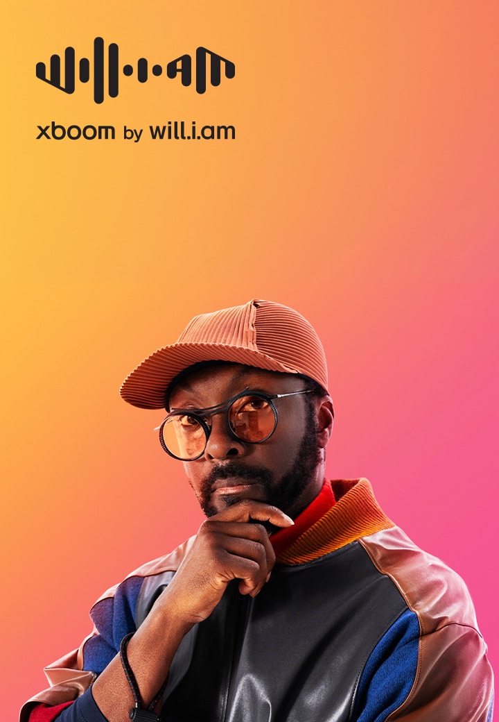 will.i.am aparece en la imagen principal con el logotipo de xboom sobre un fondo con degradado de amarillo a rosa.