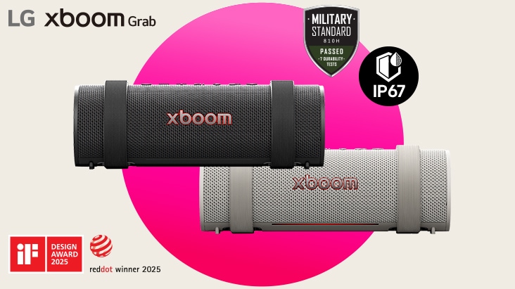 Parlante Bluetooth portátil LG xboom Grab con protección IP67 y diseño galardonado.