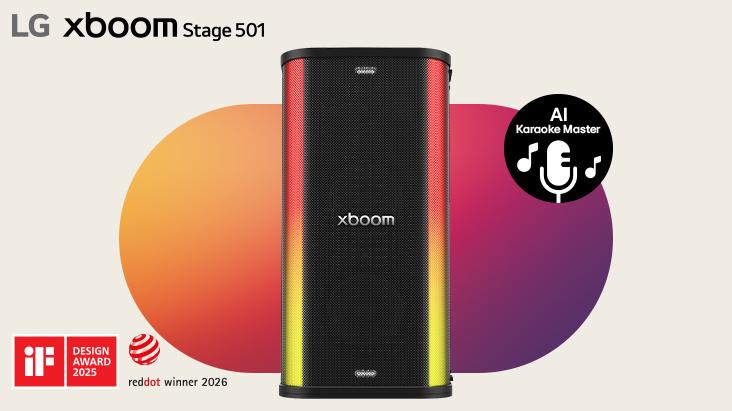 Parlante para fiestas LG xboom Stage 501 con sonido de 220W y función AI Karaoke Master.