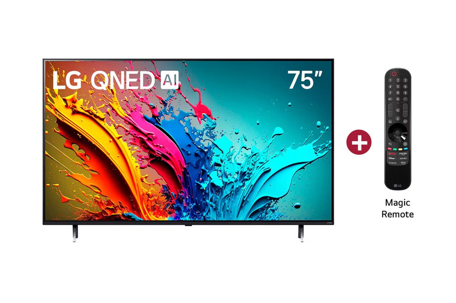 Vista frontal de LG QNED TV, QNED99, incluye Magic Remote