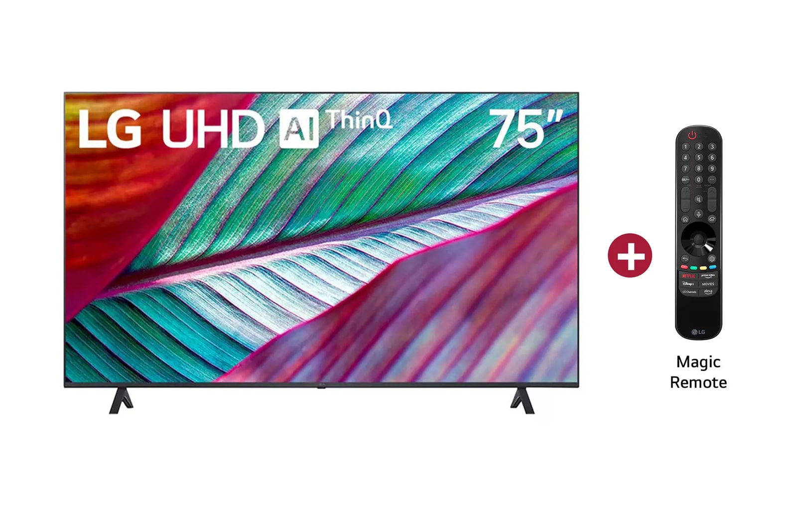 Vista frontal TV LG UHD AI 75", invluye Magic Remote