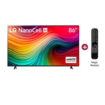 Vista frontal LG NanoCell TV, NANO86" con el texto LG NanoCell AI, incluye Magic Remote