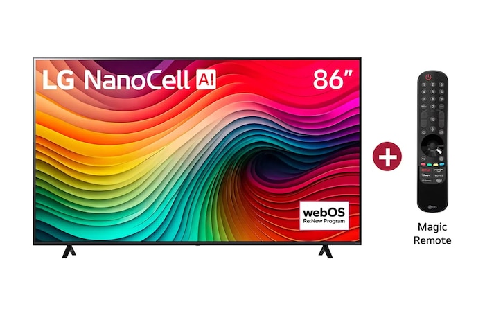 Vista frontal LG NanoCell TV, NANO86" con el texto LG NanoCell AI, incluye Magic Remote