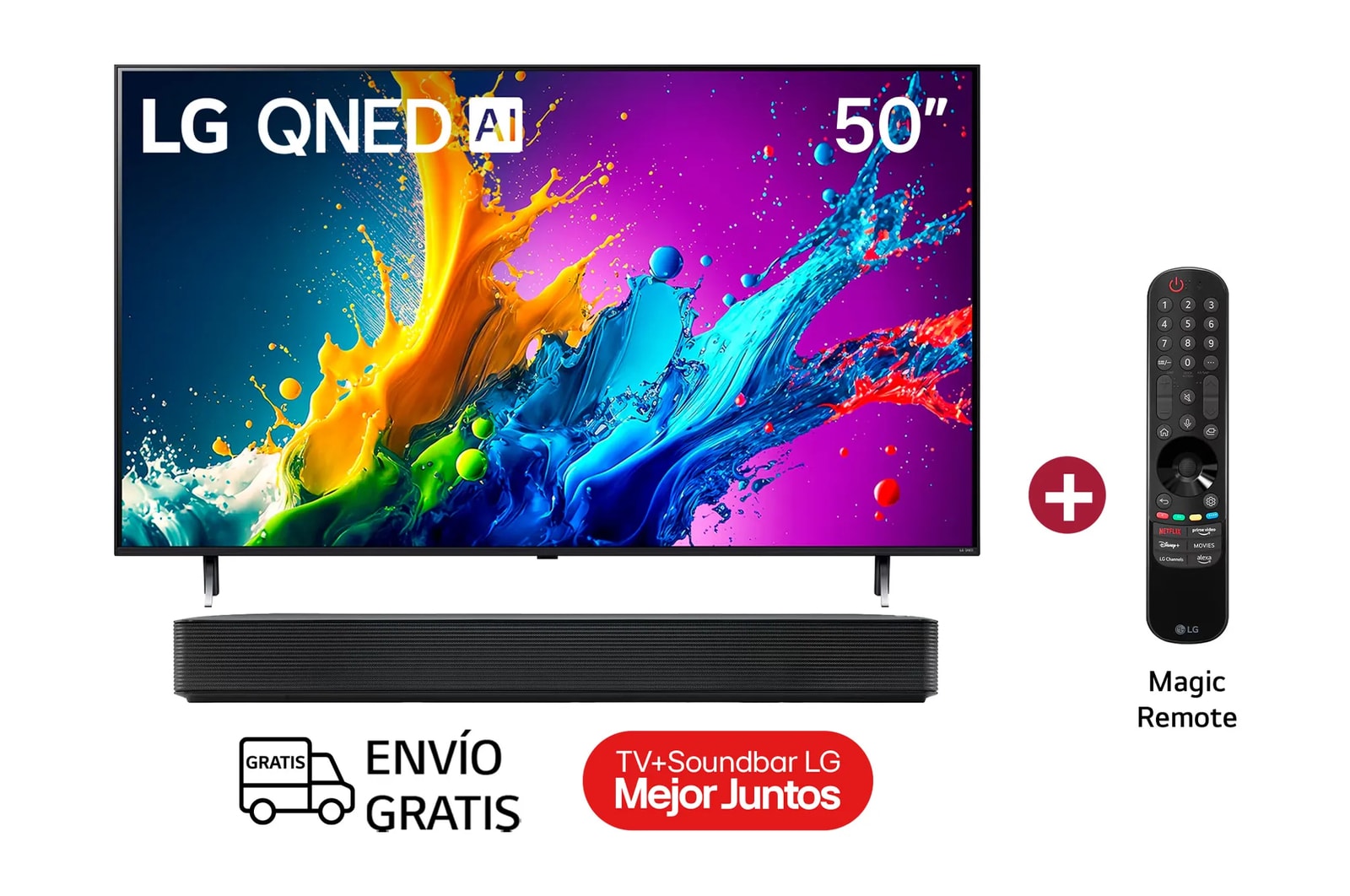 Vista frontal de Combo exclusivo Televisor LG 50QNED80TSA + Barra de sonido LG SK1 50QNED80TSA.SK1