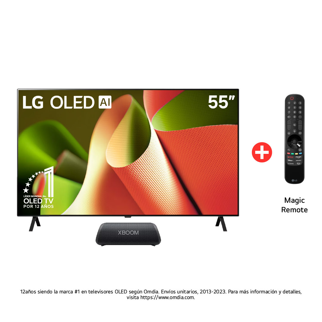 Vista frontal TV LG OLED AI 55", incluye magic remote, más parlante bluetooth LG