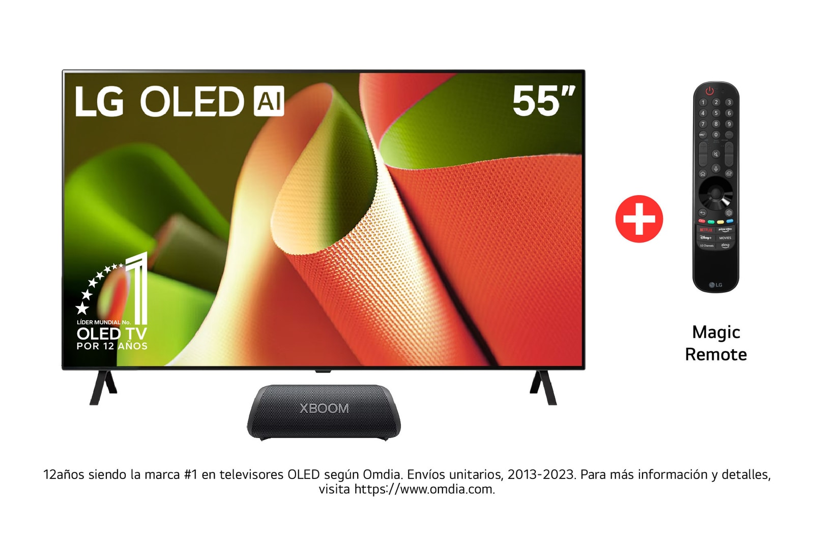 Vista frontal TV LG OLED AI 55", incluye magic remote, más parlante bluetooth LG