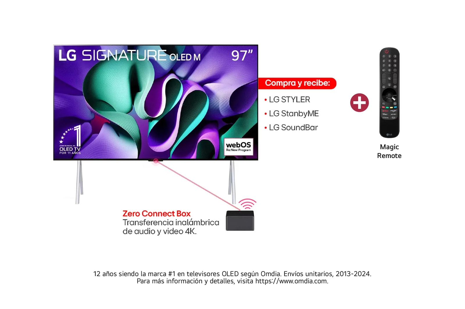Vista frontal TV OLED LG 97" incluye Magic Remote