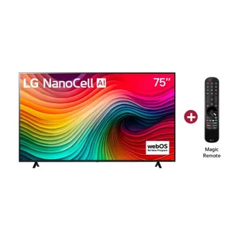 Front view of LG NanoCell TV, NANO80 with text of LG NanoCell, 2024, and webOS Re:New Program logo on screen