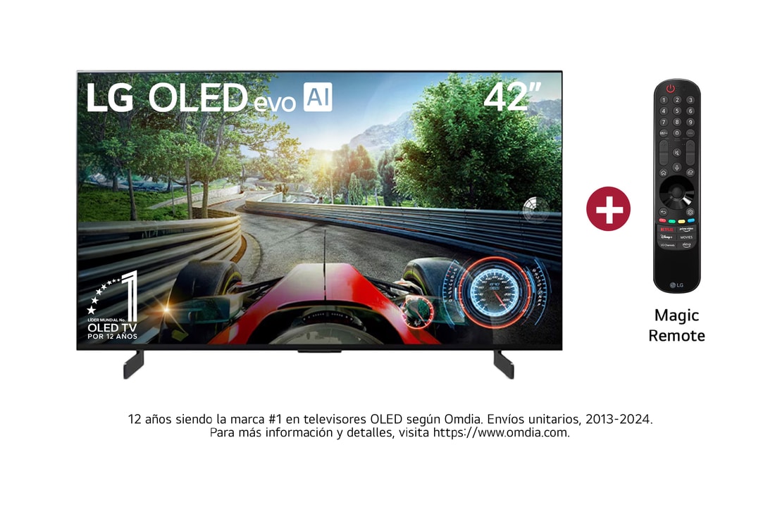 Vista frontal con LG OLED evo y el emblema OLED número 1 del mundo de 11 años en la pantalla