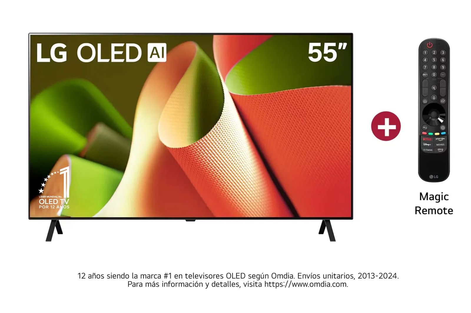Vista frontal con LG OLED TV, OLED B4, 11 años del emblema OLED número 1 del mundo y logotipo de webOS Re:New Program en pantalla con soporte de 2 polos