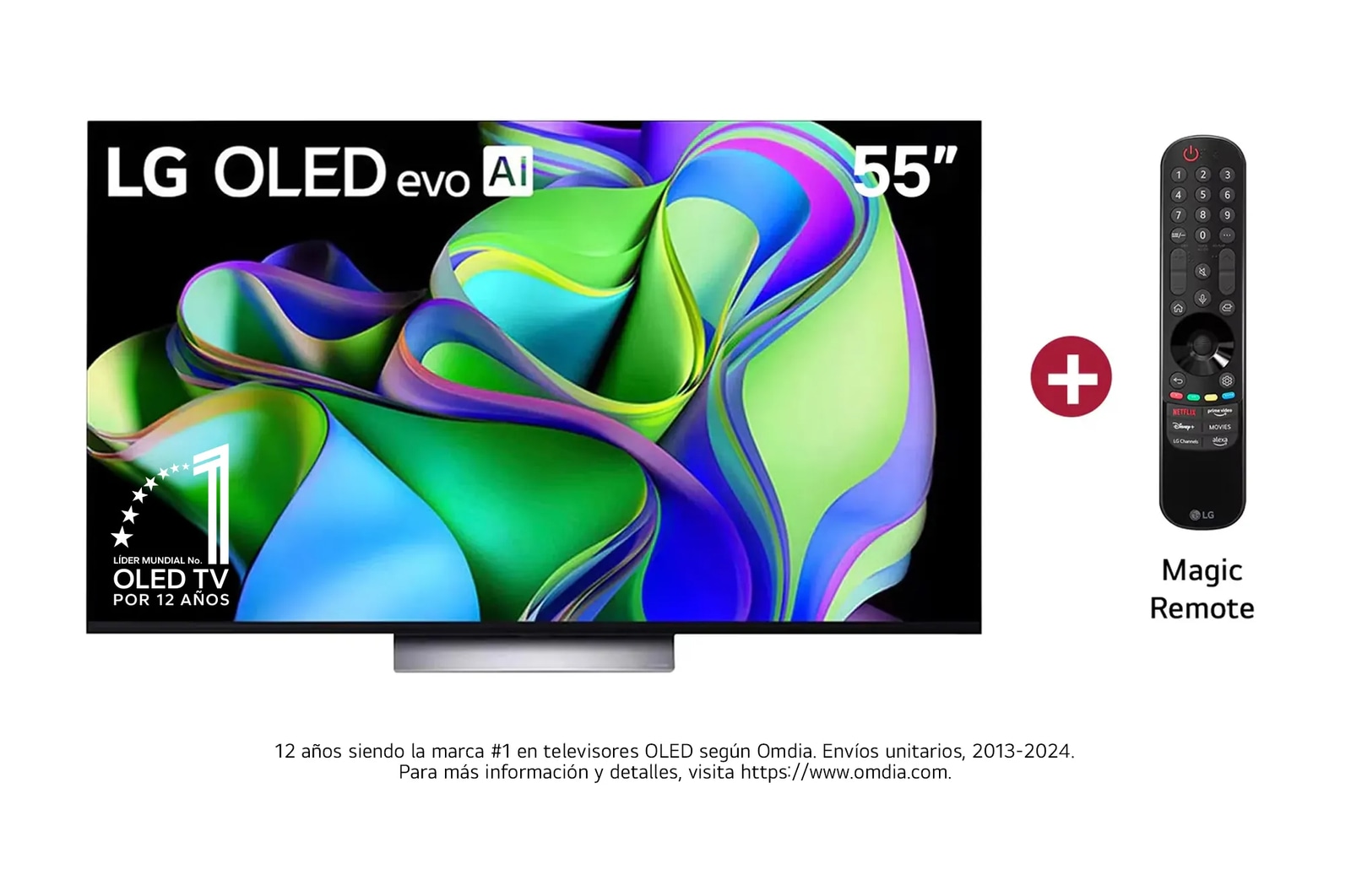 Vista frontal TV LG OLED evo AI 55", incluye Magic Remote