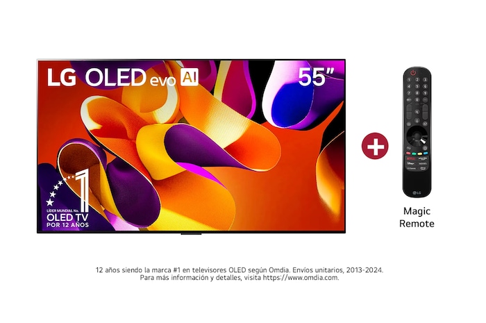 Vista frontal con LG OLED evo TV, OLED evo AI 55", incluye Magic Remote