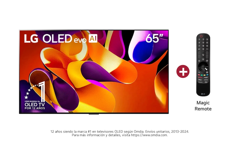 Vista frontal con LG OLED evo TV, OLED G4 evo AI 65", incluye Magic Remote