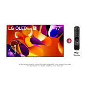 Vista frontal con LG OLED evo TV, OLED G4 evo AI,  incluye Magic Remote, y el emblema de 11 años de OLED número 1 del mundo y el logotipo de 5 años de garantía del panel en la pantalla